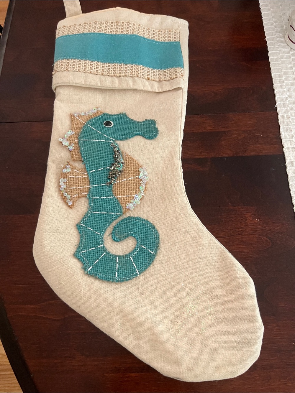 Coastal Seahorse Holiday Stocking in Cream and Teal